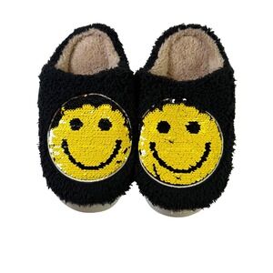 Smiley Face Slippers Fuzzy Flip Sequin Novelty Slides Black 7/8‎ (38-39)
